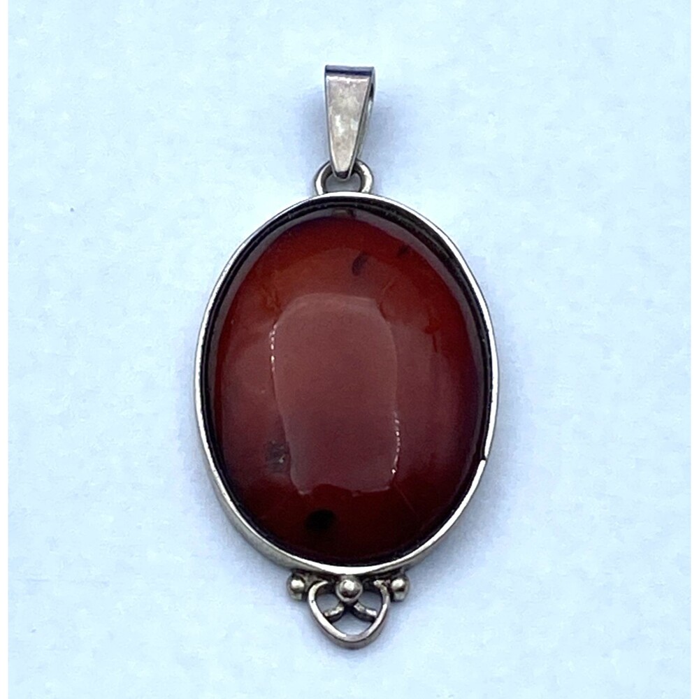 Vintage Dark Cognac Amber Tested Silver Artisan Oval Cabochon Pendant